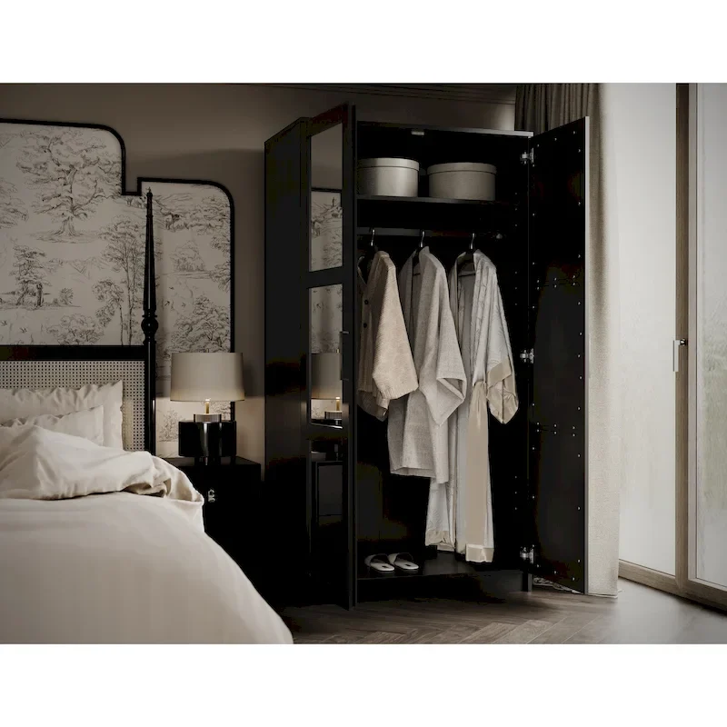 100% Solid Wood 2-Door Urban Wardrobe Armoire with Solid and Mirrored Doors