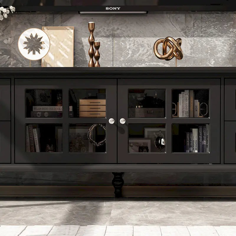 70.9-Inch TV Stand – White, Modern Style, Tempered Glass Doors & 4 Drawers