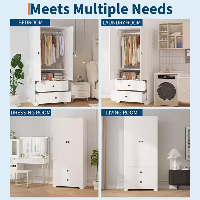 2-Door Wardrobe Storage Cabinet, Flat Panel MDF Sideboard Buffet Cabinet for Bedroom, Dining Room and Home