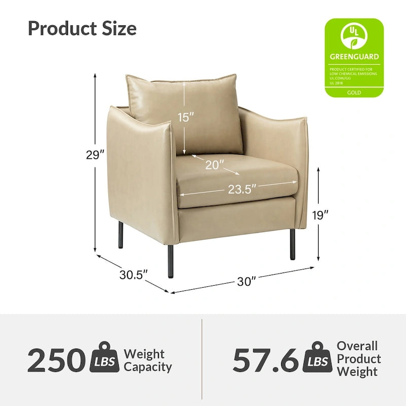 Modern Accent Chair – Black / Brown / Grey / Camel / Navy / Beige, Vegan Leather, Metal Legs, Seats 1