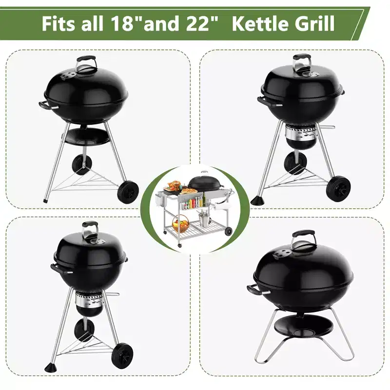 Celebalcony Grill Table for Weber 22 & 18 Original Kettle, Outdoor Grill Cart with Wheels, Movable Outdoor Prep Table Cooking Station, Sliver