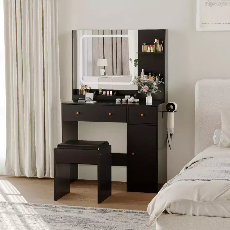 COZONY Makeup Vanity with Lights & Mirror, Vanity Table with Charging Station, Hair Dryer Holder, Storage Drawers & Shelves, Upholstered Stool