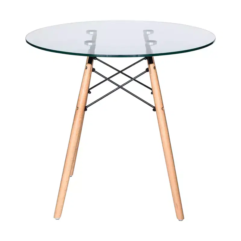 LeisureMod Dover 3-Piece Dining Set  31 Round Clear Glass Bistro Table with 2 Acrylic Chairs with Wooden Dowel Legs, Modern Kitchen, Dining Room