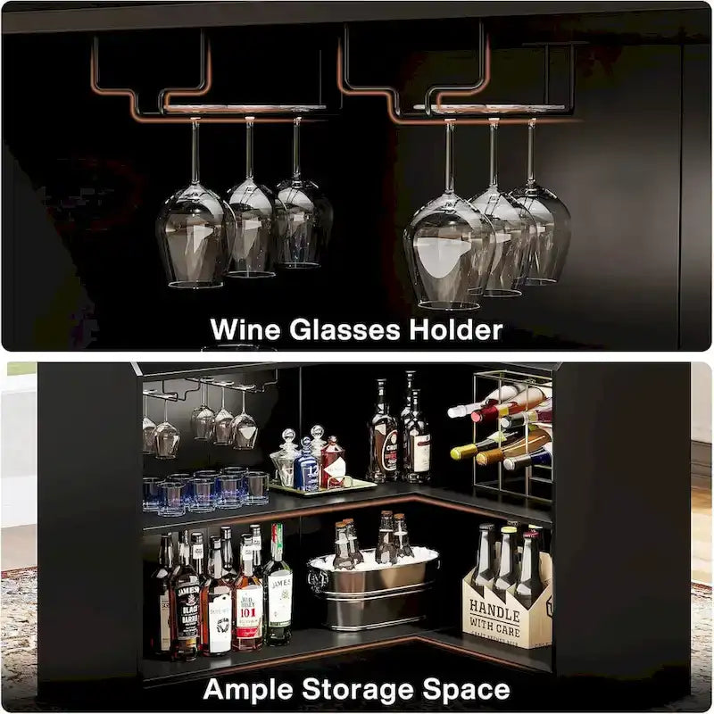 L-Shaped Bar Cabinet with Stemware Racks for Home Pub