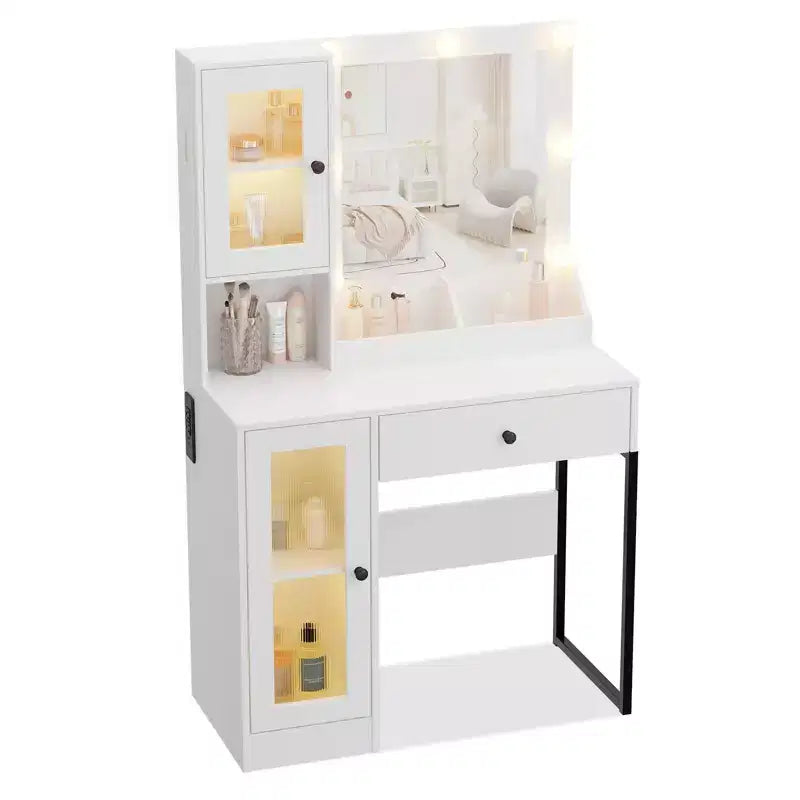 Vanity Desk with Mirror, 3 Lighting Modes Lights, Built-in Outlets & USB Ports, Spacious Drawers & Storage Cabinet, Makeup Dressing Table for Bedroom