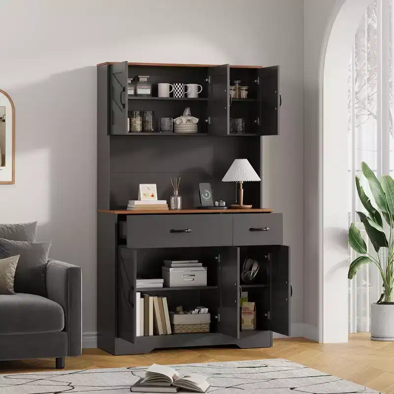 71 Pantry Cabinet with Charging Station, Kitchen Hutch Storage Cabinet with Countertop & Drawer, Farmhouse Food Pantry with Microwave Stand