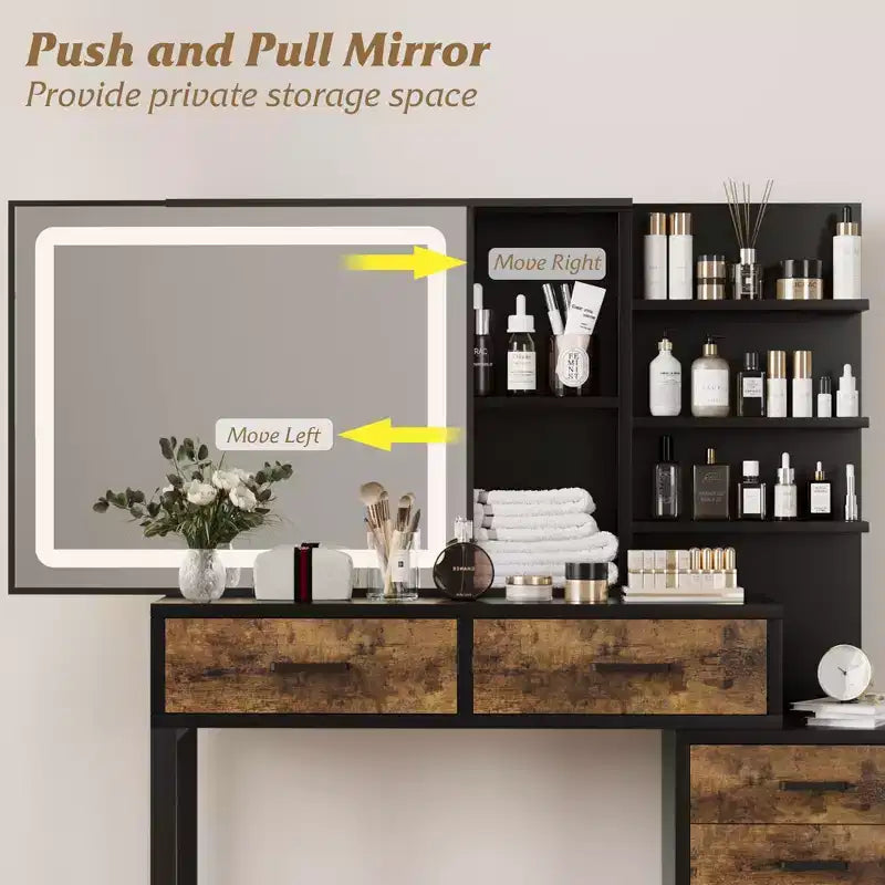 Makeup Vanity Desk with Sliding Mirror and Lights, Large Dressing Table with Charging Station,3 Lighting Modes, 5 Drawers and 3 Tiers of Open Shelves