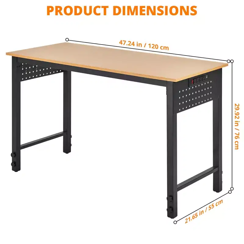 47 Inch Adjustable Workbench, 2000 LBS Load Capacity, with Tool Hooks, Mobile Work Table with Locking Casters for Garage, Workshop, Home Office