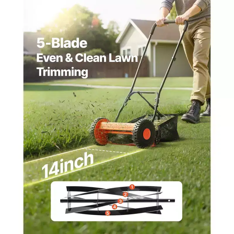 14 in Push Reel Lawn Mower Manual Walk Behind Mower with 5 Steel Blades Adjustable Height and Grass Catcher