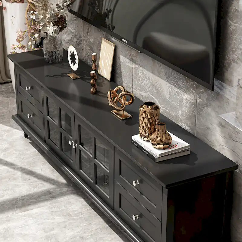 70.9-Inch TV Stand – White, Modern Style, Tempered Glass Doors & 4 Drawers