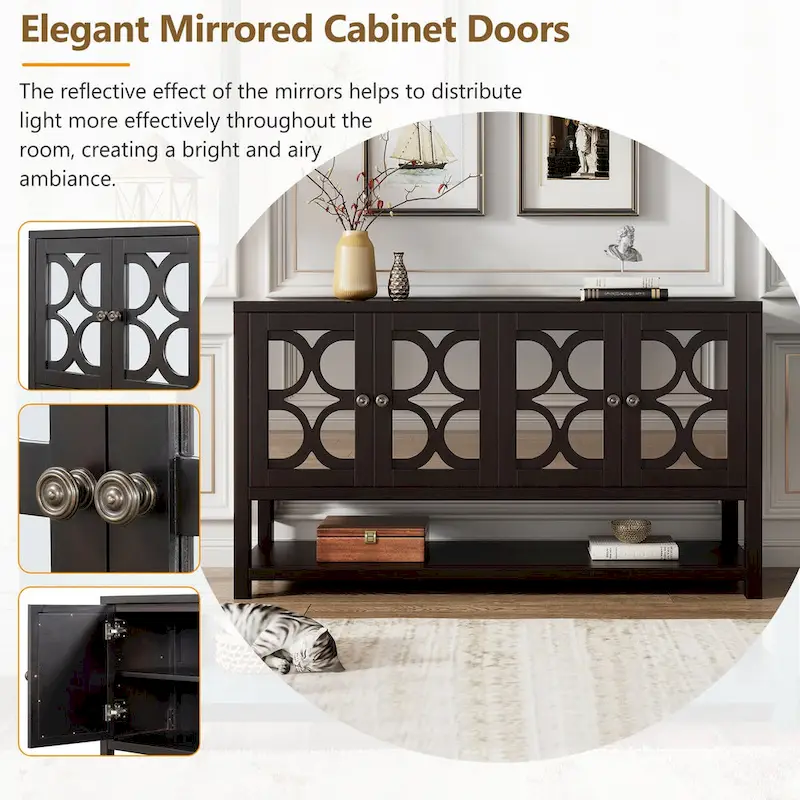 Elegant Retro Console Table,Storage Cabinet,Sideboard with Mirrored Doors, Spacious Shelves, and Durable Acacia Wood Legs