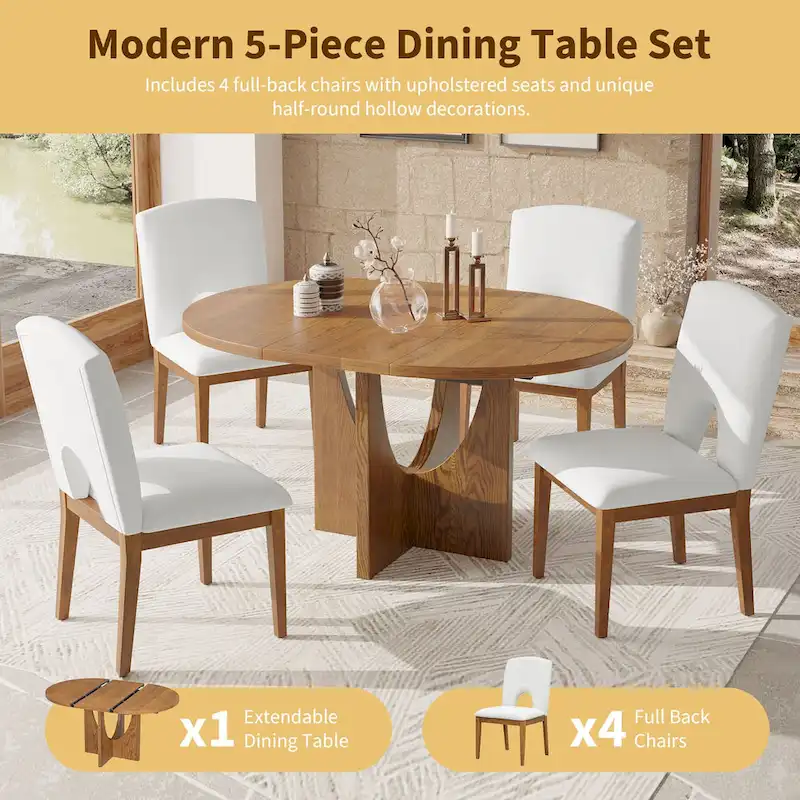 Modern Style Extendable Round Dining Table with Removable Leaf and Upholstered Dining Chairs