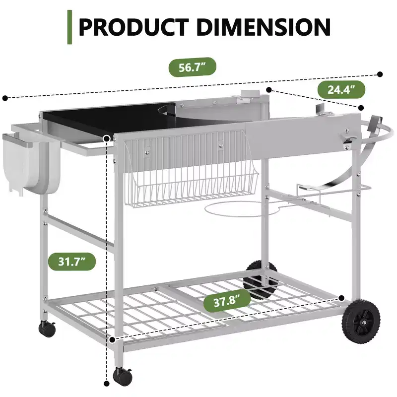 Celebalcony Grill Table for Weber 22 & 18 Original Kettle, Outdoor Grill Cart with Wheels, Movable Outdoor Prep Table Cooking Station, Sliver