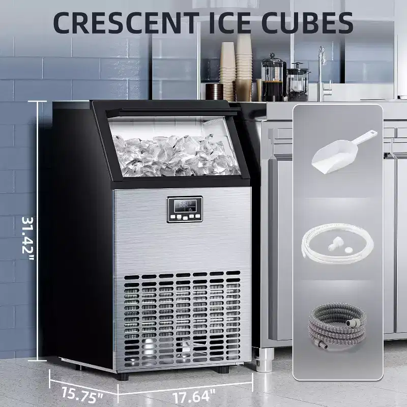 Commercial Ice Maker, 100Lbs/24H, 30Lbs Storage Bin, Stainless Steel, Freestanding, Crescent Cubes, Energy Efficient, Automatic Cleaning