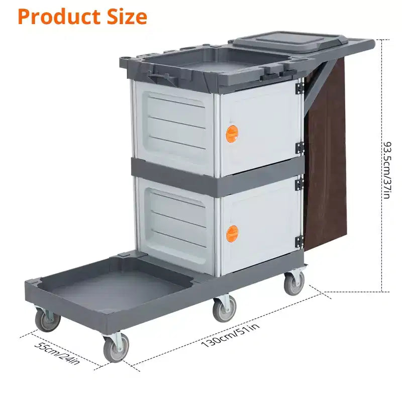 Commercial Janitorial Cart, 3-Shelf Housekeeping Cart with Storage Cabinets and Laundry Bag