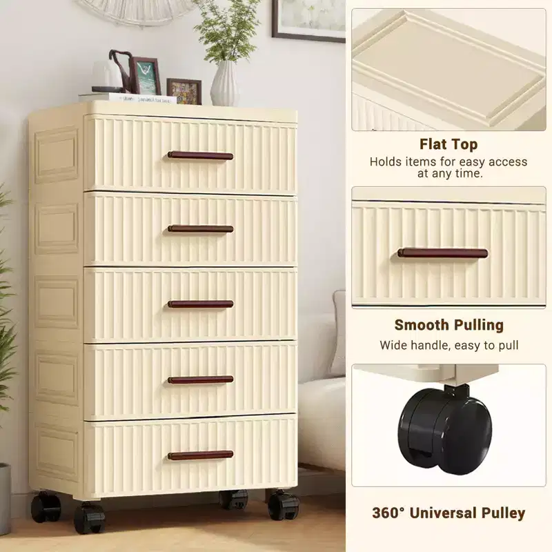 5-Tier Multifunctional Storage Cabinet in Cream - Mobile Organizer for Bedroom & Living Room with Drawers for Toys, Books, Clothes&Snacks