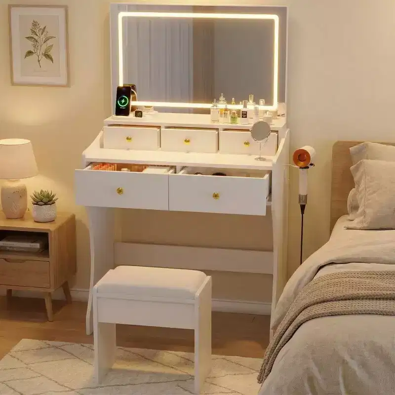 GustoWave Makeup Vanity Desk with Mirror & Chair, 5 Drawers, Hair Dryer Holder, Cushioned Stool for Bedroom