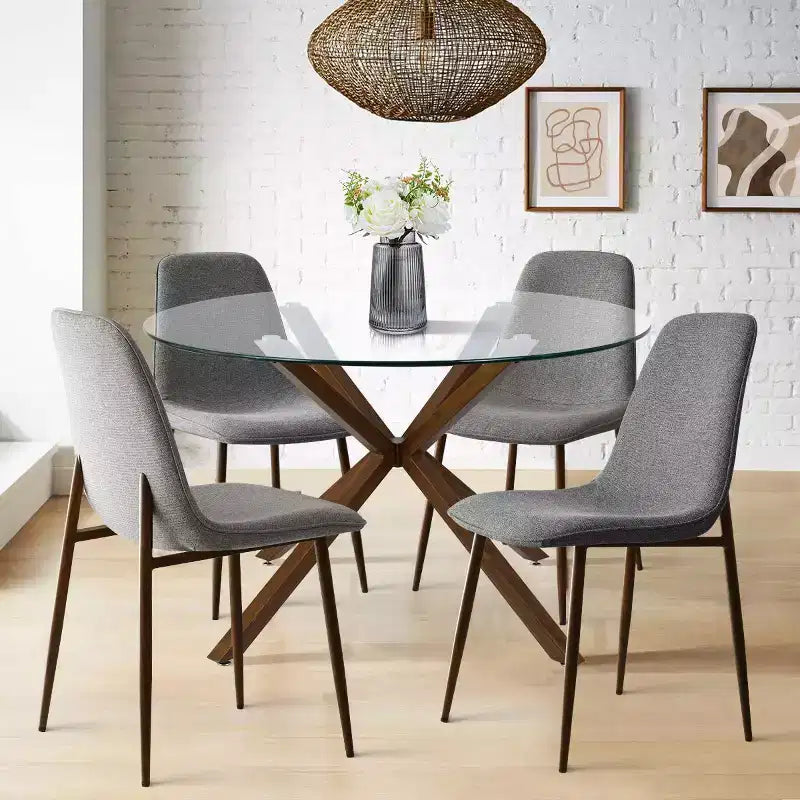 Olive+Oslo 5-Piece Dining Table Set for 4, Round Glass Dining Table with 4 Upholstered Dining Chairs Walnut Legs-Panipeachy