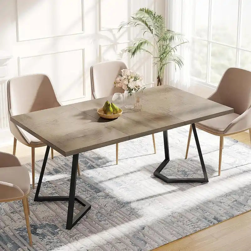 Natural Wood Tone Rectangle Dining Table with Metal Frame for 2–4 Person, 55