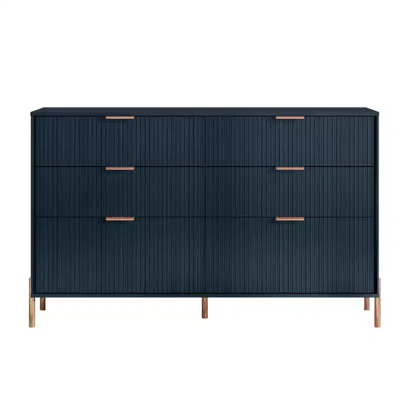 6 Drawer Dresser with Gold Legs Modern Ribbed Design for Bedroom