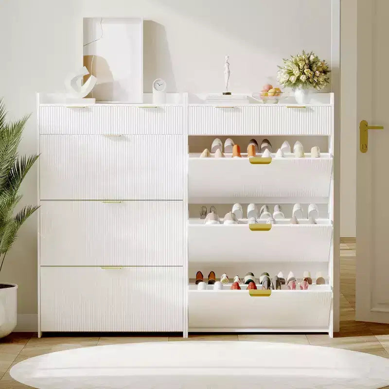 Modern White Shoe Cabinet with 3 Flip Drawers & 2 Small Drawers & Hook, Slim Fluted Shoe Storage Organizer, Narrow Entryway Cabinet