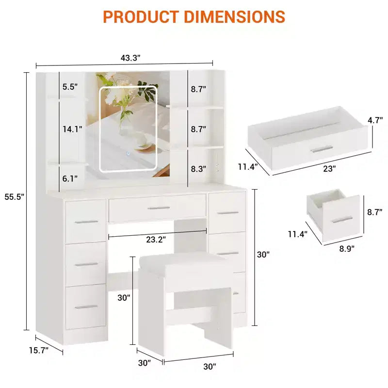 Makeup Vanity with Mirror and Chair, Hair Dryer Rack, 7 Drawers, 3 Lighting Modes Adjustable