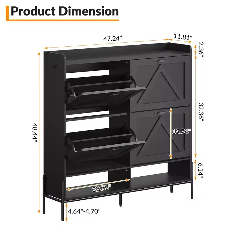Shoe Cabinet with 4 Flip-Up Drawers Hidden Shoe Storage Cabinet with Open Storage for Entryway Hallway Bedroom Shoe Organizer Cabinet