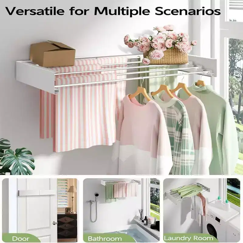 Clothes Drying Rack Wall Mounted,Foldable Laundry Drying Rack Collapsible Indoor,Space Saving Retractable Towel Rack with Wall Template,6 Rods 40 Inch