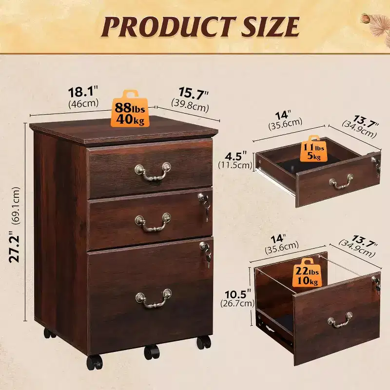 File Cabinet 2-Drawer, Small Office Furniture with Lock, Rolling Under Desk Filing Cabinet for Home Office