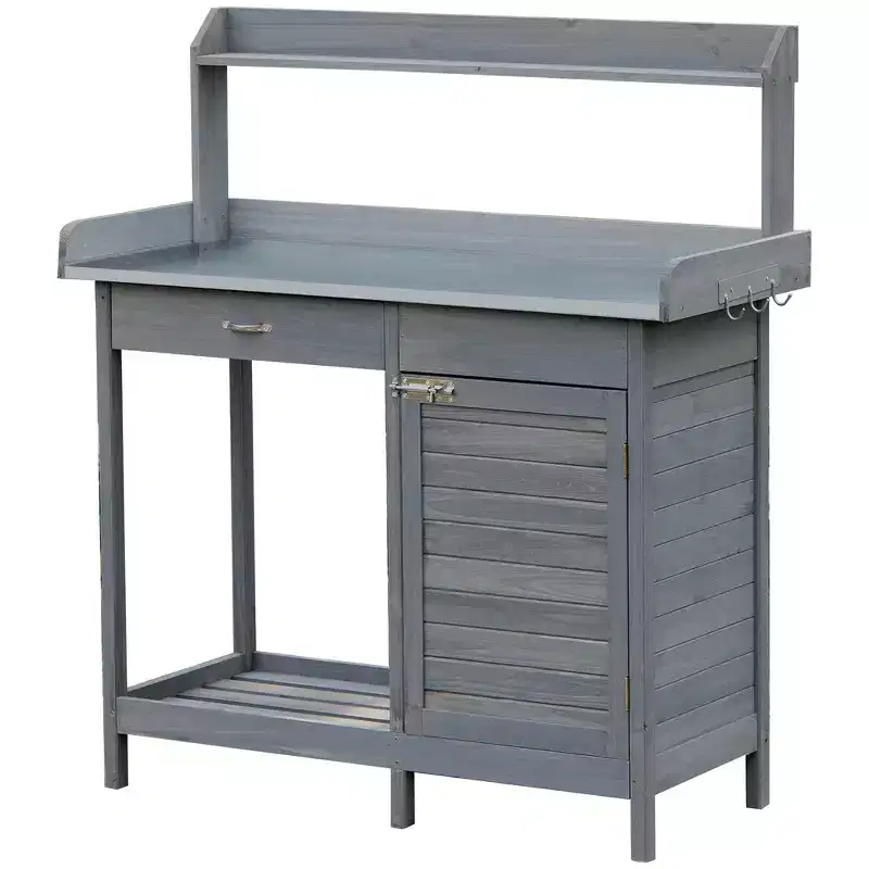 Whisen Patio Wooden Potting Bench, Outdoor Garden Work Station Table with Storage Cabinet, Open Shelf and Steel Tabletop - Gray