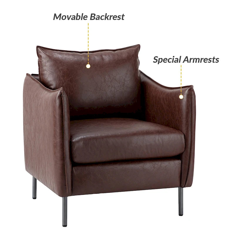 Modern Accent Chair – Black / Brown / Grey / Camel / Navy / Beige, Vegan Leather, Metal Legs, Seats 1