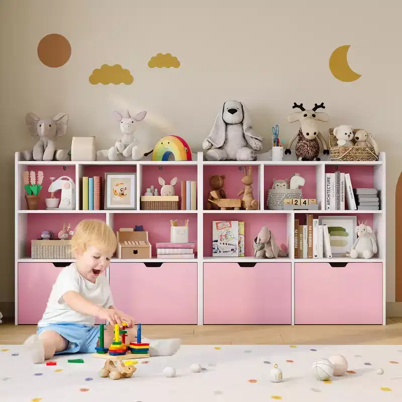 Pink and White Kids Toy Storage Organizer, Wooden Toy Storage Cabinet, Playroom Storage Cubby, Toys Organizers and Storage for Bedroom, Nursery