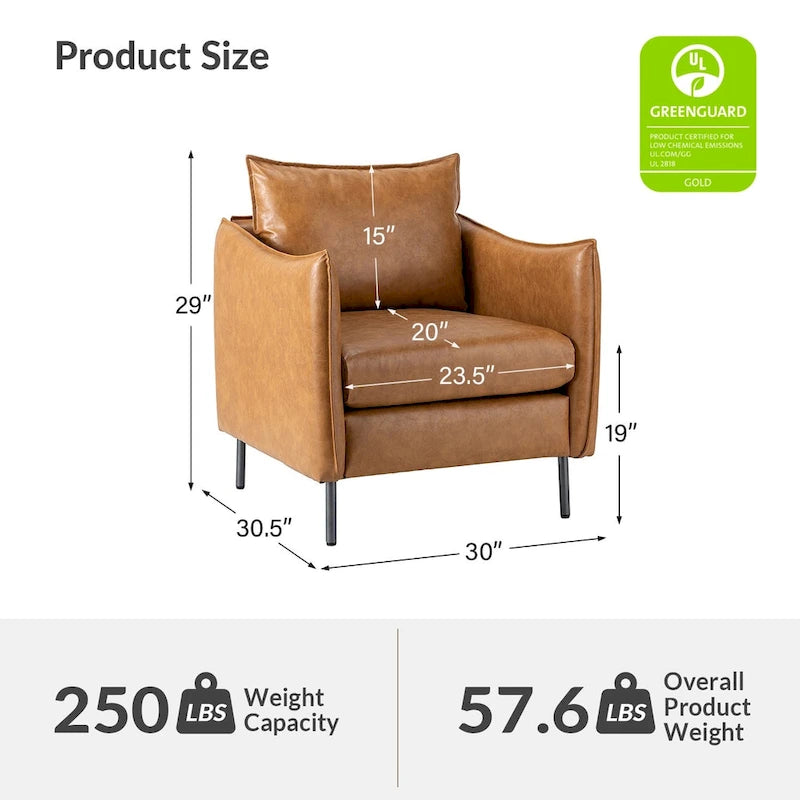 Modern Accent Chair – Black / Brown / Grey / Camel / Navy / Beige, Vegan Leather, Metal Legs, Seats 1