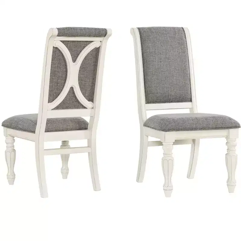 Roundhill Furniture Belleza Solid Wood Upholstered Dining Chairs, Antique White, Set of 2