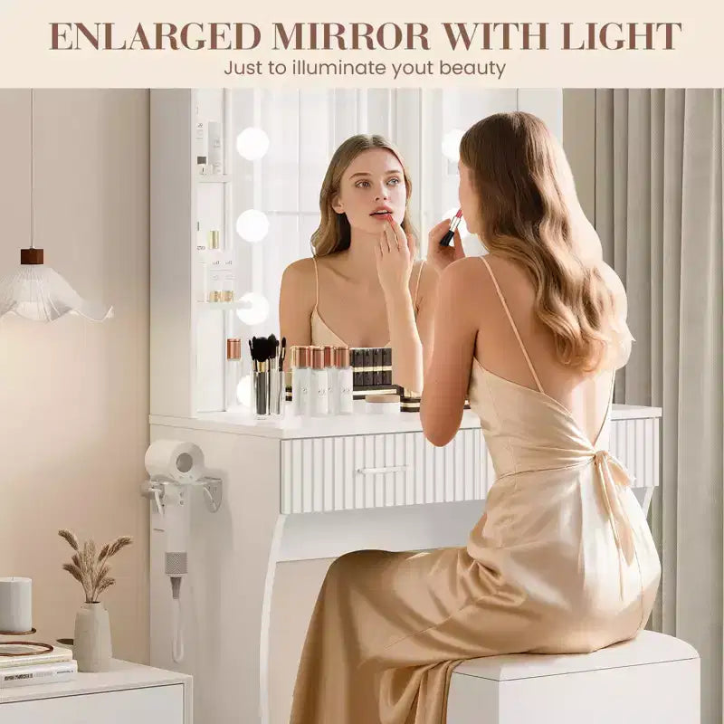 Makeup Vanity Desk with Mirror and Lights, Vanity Table with 2 Drawers, 6 Shelves, Hair Dryer Holder & Stool,Dressing Table Furniture for Bedroom