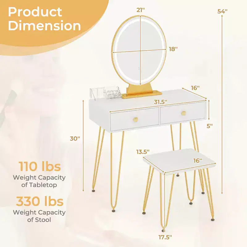 Vanity Makeup Dressing Table with 3 Lighting Modes Mirror Touch Switch White