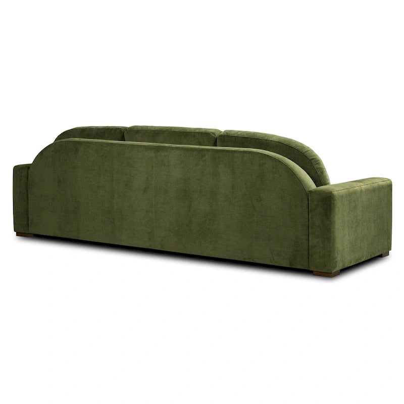 99-Inch Mid-Century Sofa – Distressed Green Velvet, Low-Profile, Sinuous Spring, Seats 3