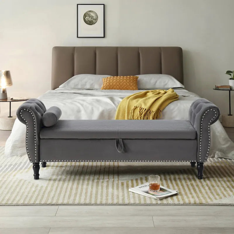 Upholstered Storage Ottoman Bench – Brown / Beige / Blue / Black / Grey / Pink, Velvet, Rolled Arms, Seats 2