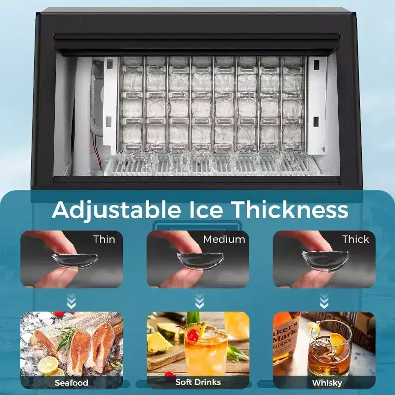 Commercial Ice Maker, 100Lbs/24H, 30Lbs Storage Bin, Stainless Steel, Freestanding, Crescent Cubes, Energy Efficient, Automatic Cleaning