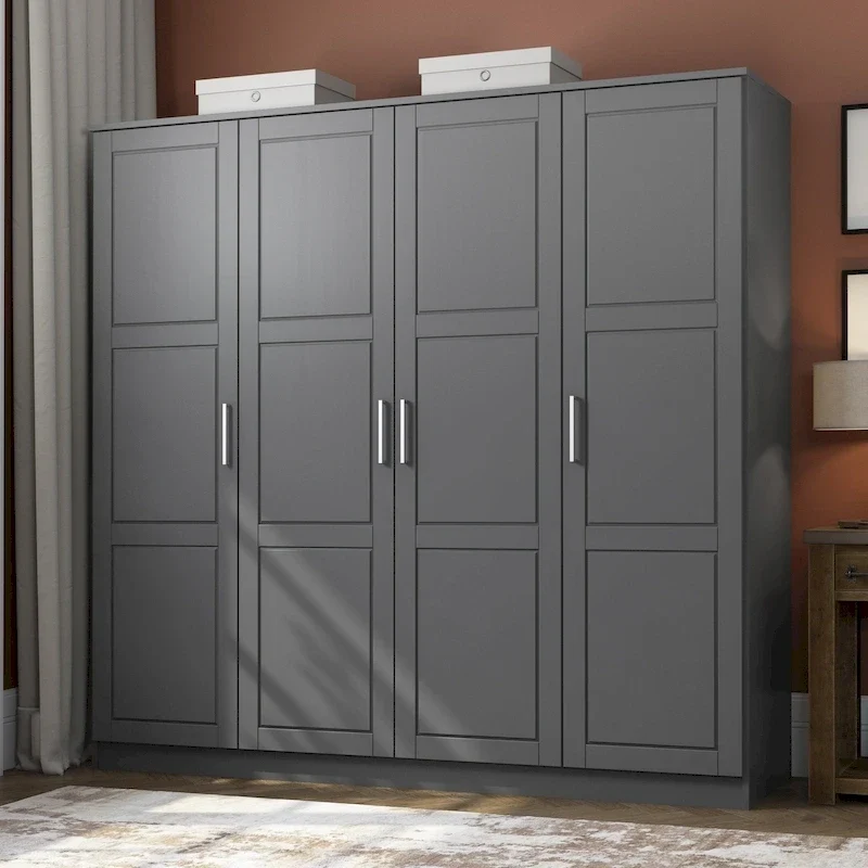 100% Solid Wood  4-Door Wardrobe with Solid Wood or Mirrored Doors
