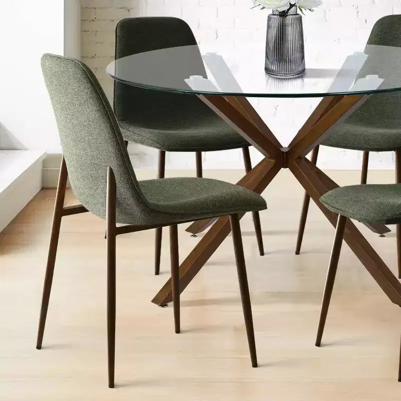 Olive+Oslo 5-Piece Dining Table Set for 4, Round Glass Dining Table with 4 Upholstered Dining Chairs Walnut Legs-Panipeachy