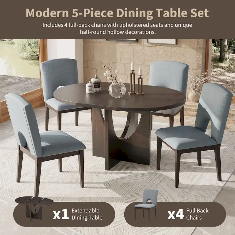 Modern Style Extendable Round Dining Table with Removable Leaf and Upholstered Dining Chairs
