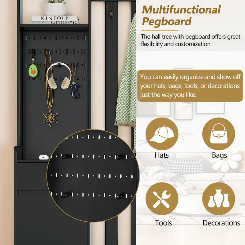 39.3Wx70.8H Hall Tree Storage with Cushioned Storage Bench,Multifunctional Hallway Shoe Cabinet,Pegboard,Coat Rack,4 Hooks