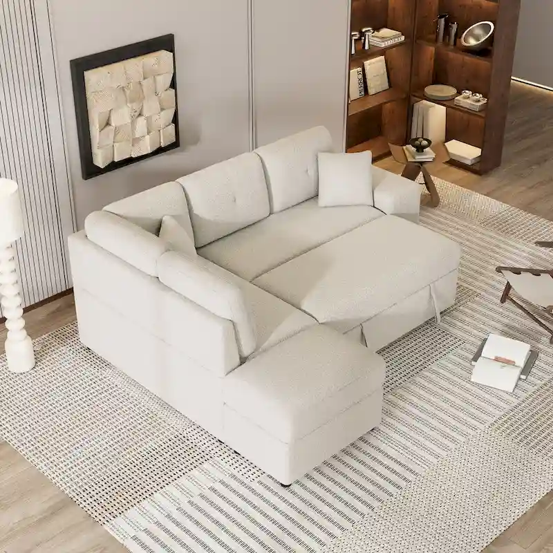 87.7 Convertible Sleeper, Sectional Pull Out Sofa Bed with Storage Ottoman, 2 Throw Pillows, 2 Stools, Wireless Charger and Two