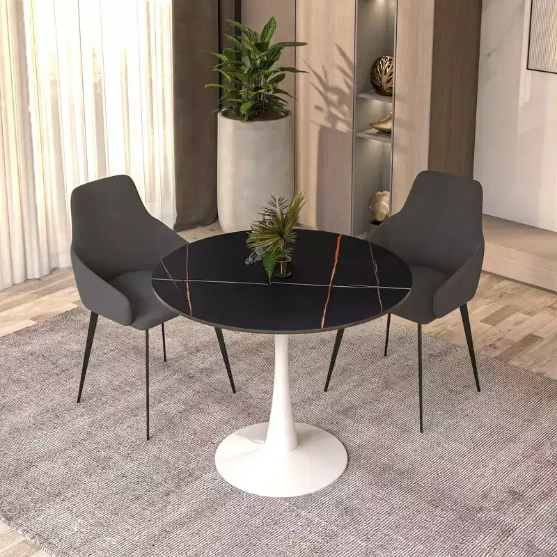 LeisureMod Bristol 31 Round Dining Table  Sintered Stone Top Accent Caf Table & Sturdy Steel White Pedestal Base for Kitchen and Small Spaces