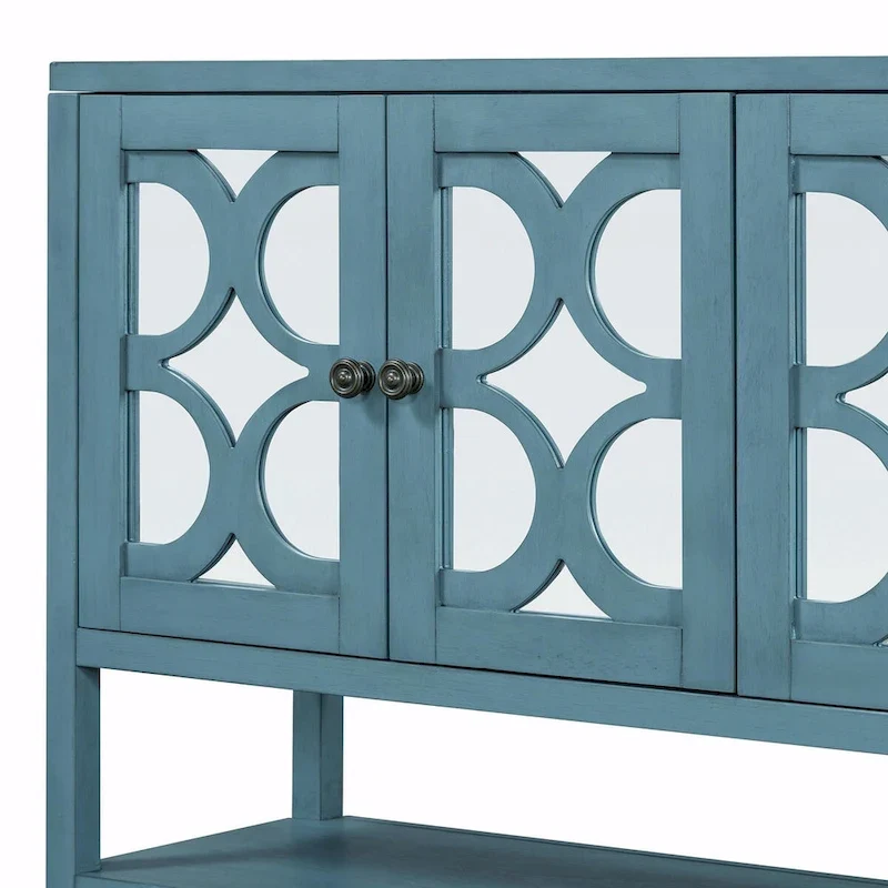 Elegant Retro Console Table with Mirrored Doors, Spacious Shelves and Durable Acacia Wood Legs