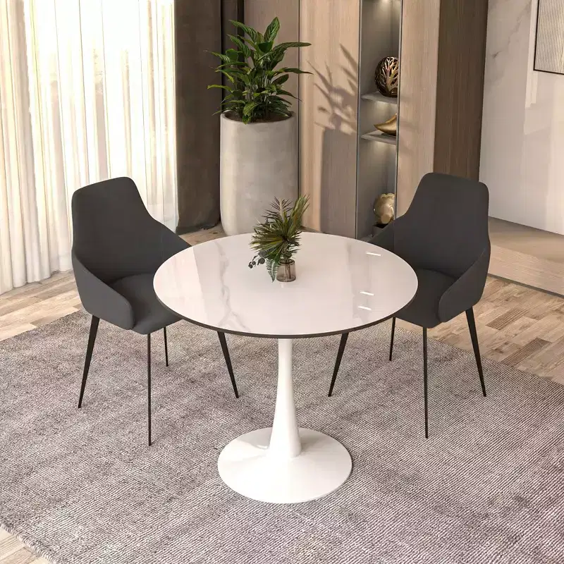 LeisureMod Bristol 31 Round Dining Table  Sintered Stone Top Accent Caf Table & Sturdy Steel White Pedestal Base for Kitchen and Small Spaces