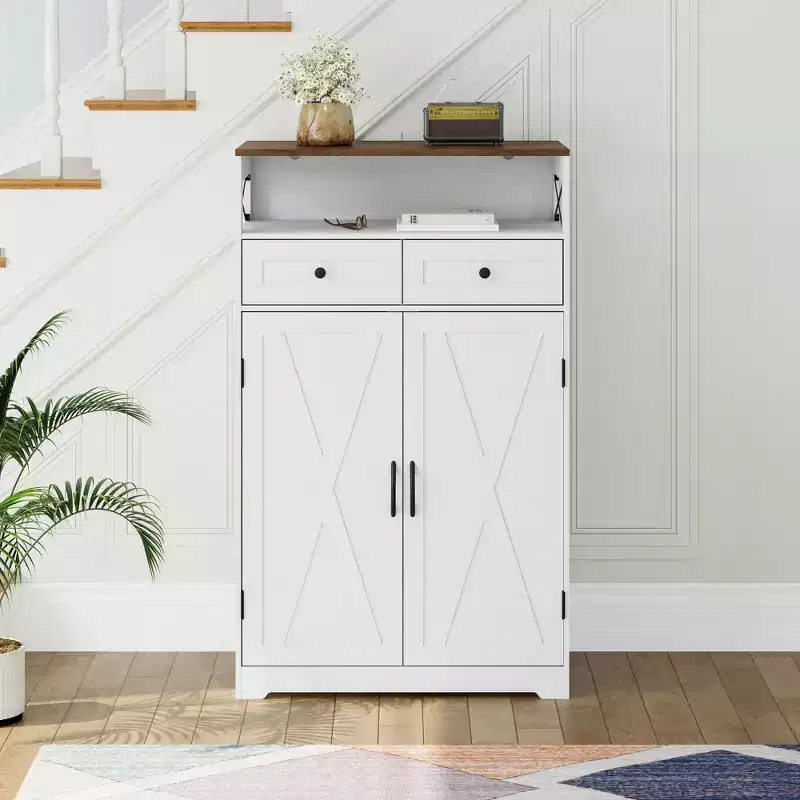 Modern Farmhouse Style Shoe Cabinet, Narrow Freestanding Shoe Rack Storage Cabinet with Drawers and Adjustable Shelves, Suitable for Foyer Storage