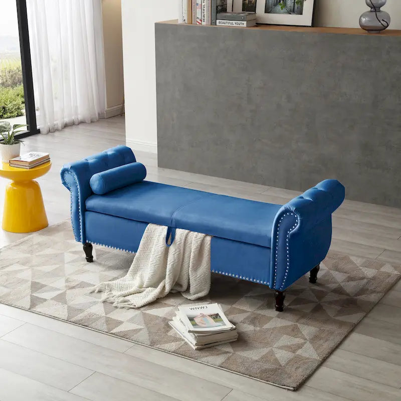 Upholstered Storage Ottoman Bench – Brown / Beige / Blue / Black / Grey / Pink, Velvet, Rolled Arms, Seats 2