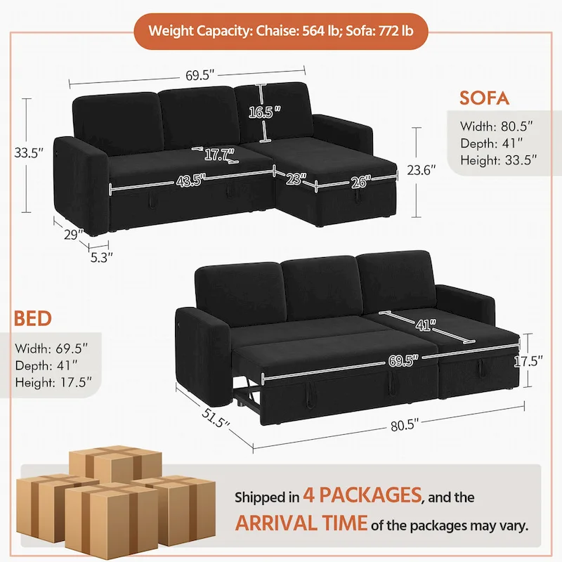 L-Shaped Reversible Sectional Sofa with Pull Out Bed & Storage - 83x 57.5x33